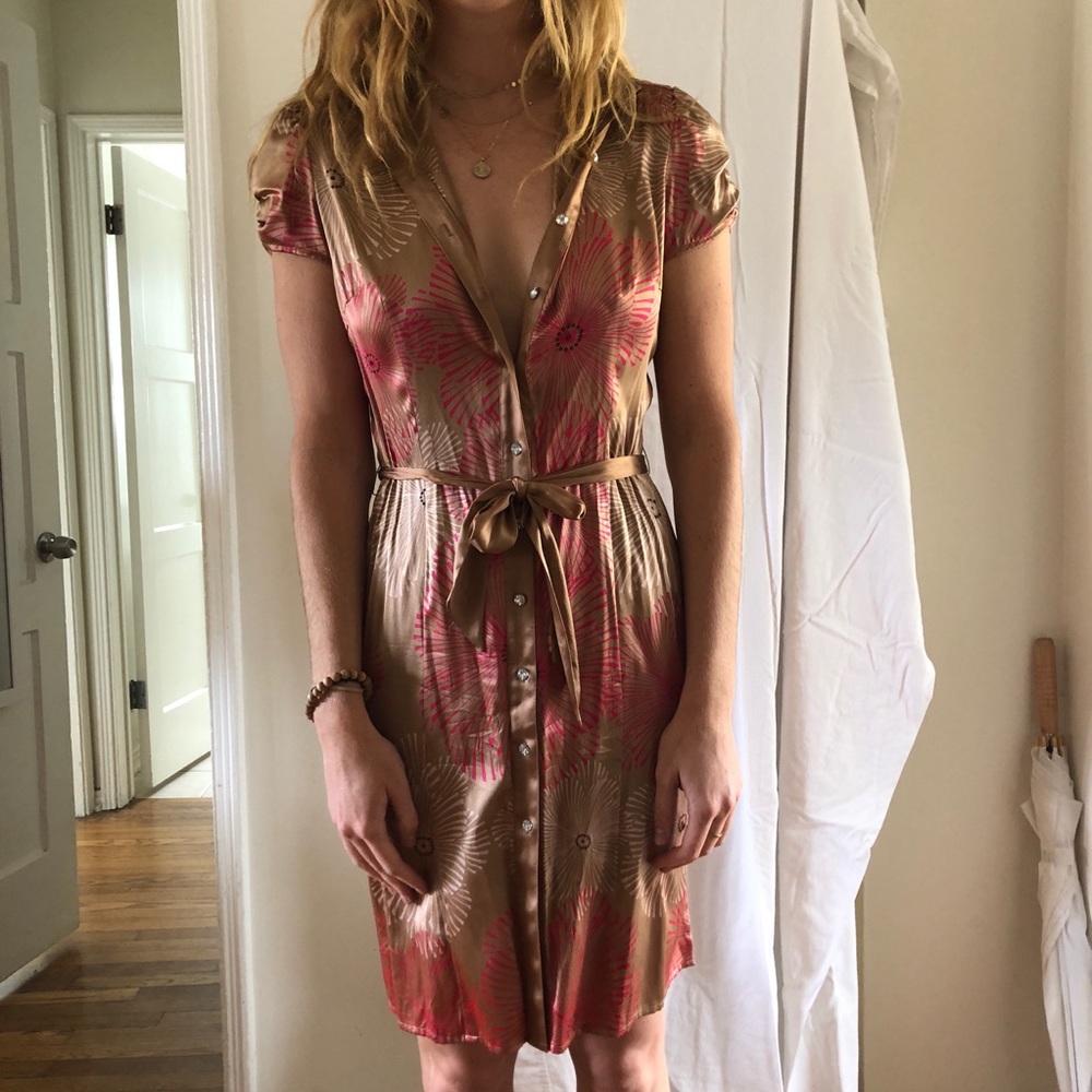 Silk button down, tie around wrap dress by Bebe